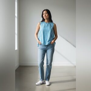 J. Crew Turquoise and White Gingham Sleeveless Tank Ruffled 100% cotton